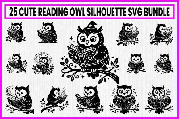 25 Cute Reading Owl Silhouette Bundle: Elevating Creative Projects with Whimsical Vector Art