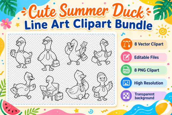 Cute Summer Duck Line Art Bundle